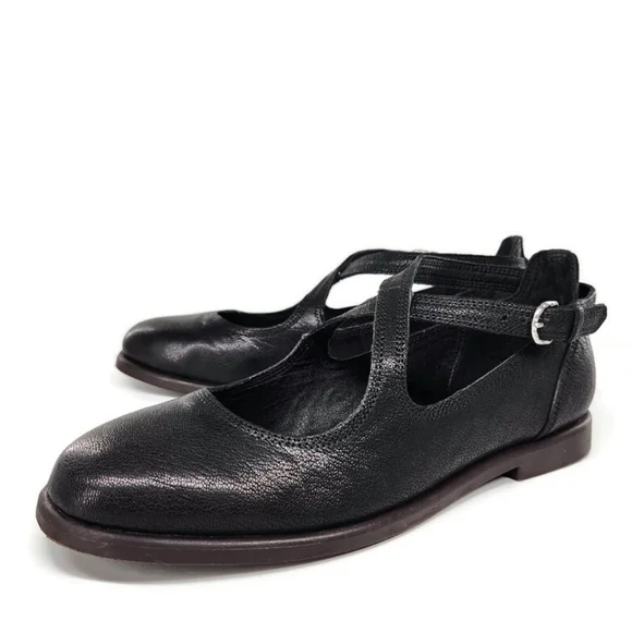Lucky Brand Necia Black Leather Criss-Cross Mary-Jane Straps Round-Toe Flats - Picture 1 of 12